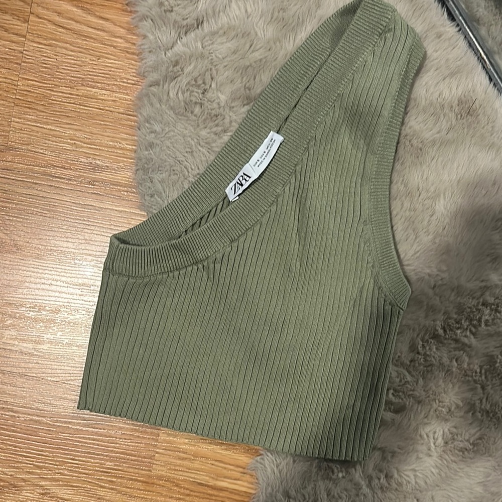 Zara Olive Green Ribbed One-Shoulder Top
